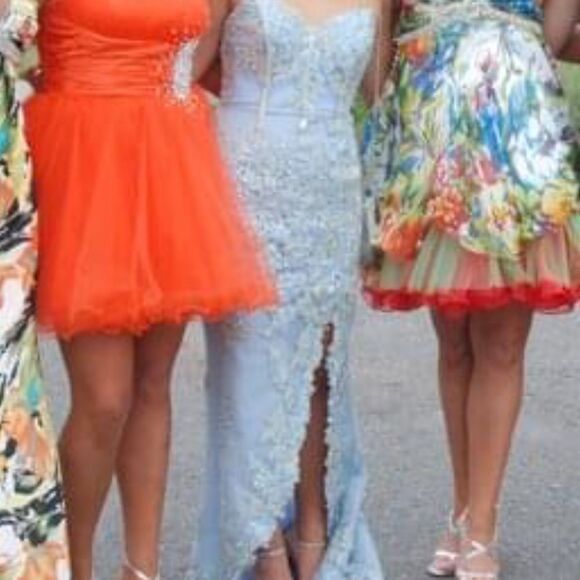 Jovani Baby Light Blue Gold Corset Slit Strapless Gown - Picture 12 of 12